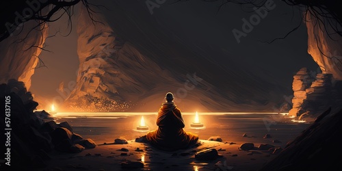 An image of a Buddhist monk seated in a recess, Generative AI