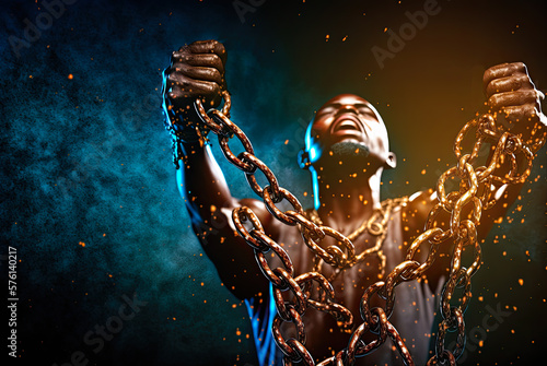 African American enslaved man breaking chains, freedom concept, Emancipation. Generative AI