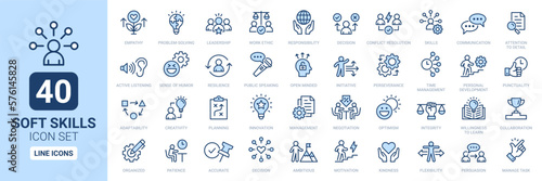 Soft skills icon set. Containing empathy, problem-solving, management, leadership, punctuality and communication line icon. Outline icon collection.