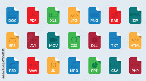 Set of Document File Formats and Labels icons. Vector illustration 10 eps.