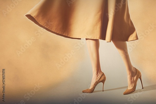 Woman in a neutral colour fashion dress and high heels with copy space for text. Generative AI