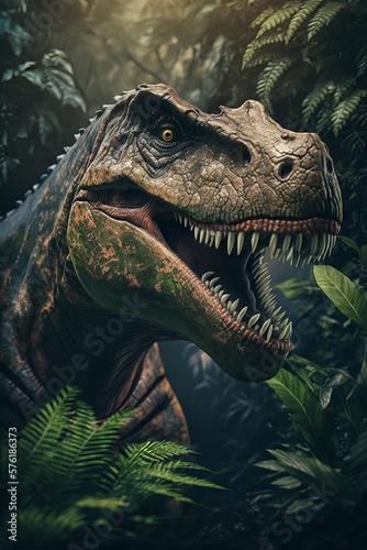Tyrannosaurus dinosaur in the rainforest. Generative AI