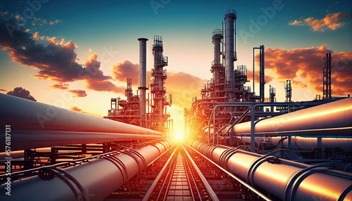 Industry pipeline transport petrochemical, gas and oil processing, furnace factory line, rack of heat chemical manufacturing, equipment steel pipes plant with Generative AI.