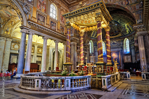 Main altar in Basilica di Santa Maria Maggiore, largest Marian church in Rome. Mosaics in apses are oldest representations of Mary in Christian Late Antiquity. Completed in 1743.