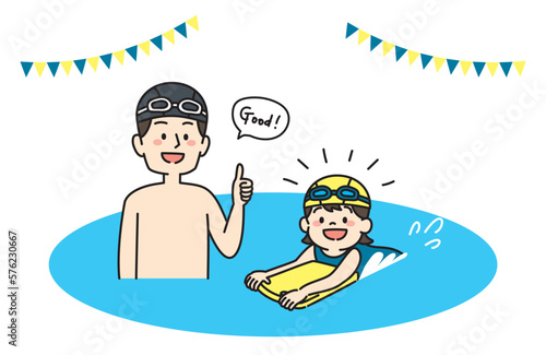 水泳教室で水泳を習う男の子と先生のイラスト 