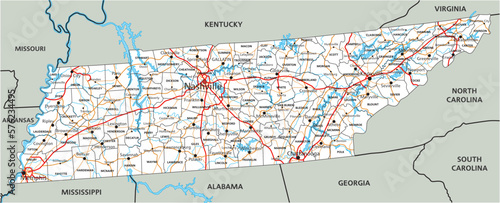 High detailed Tennessee road map with labeling.