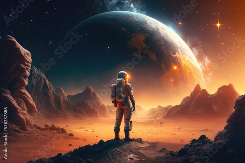 Astronaut and astronauts exploring planets in outer space, made with generated ai