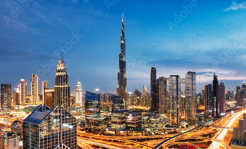 Amazing night Dubai downtown skyline, UAE