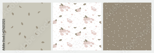 Floral vector seamless pattern with spring apple tree flowers, leaves and polka dots in decorative style on pastel colors for paper, fabric, interior decor