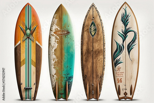 Collection of vintage wooden fishboard surfboard isolated on white with clipping path for object, retro styles. Generative AI.