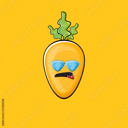 Carrot character. Cartoon orange carrot isolated on orange background. Funky vegetable character with eyes and mouth. Vector white teabag clip art, emoji, label and sticker