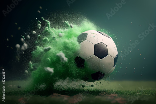 soccer ball with dust and smoke on green grass background , Generative AI