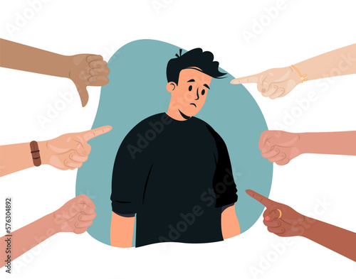 Hands pointing at victim, bullying and judging. Manipulation, condemnation, disgrace concept. Children bullying behavior. Society shaming, blaming man. Flat vector illustration isolated on white