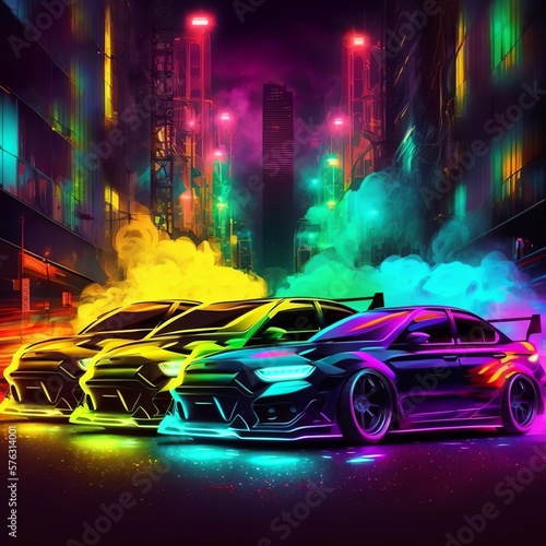 Green yellow red purple sport sedans in neon lights garage. Street racing inconcept. with burning sky and road in town between buildings wallpaper lamp nitro exhaust powder smoke Generative AI