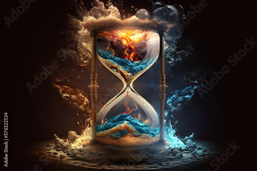 beautiful hourglass of the elements, fire, water, earth, air, copy space, Generative AI
