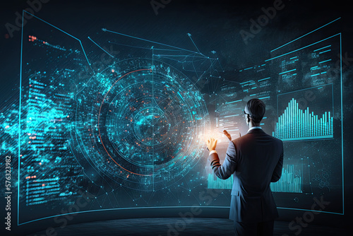 Businessman in suit viewing data visualization on screen, possibly military, navy, army, airplane, sonar, strategy, geopolitics, geography, politics,