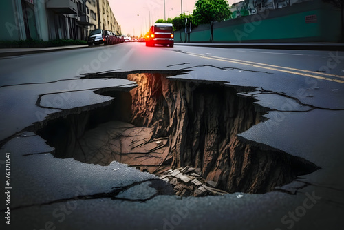 Huge sinkhole on busy asphalt road surface on which cars drive. Accident situation on a city street due to cracks in asphalt. Broken hole filled with muddy water. Generative AI