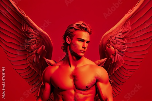 A Handsome Cupid God Of Love With Wings Against A Red Background. Generative AI