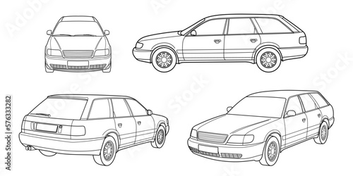 Set of classic station wagon. Different five view shot - front, rear, side and 3d. Outline doodle vector illustration.