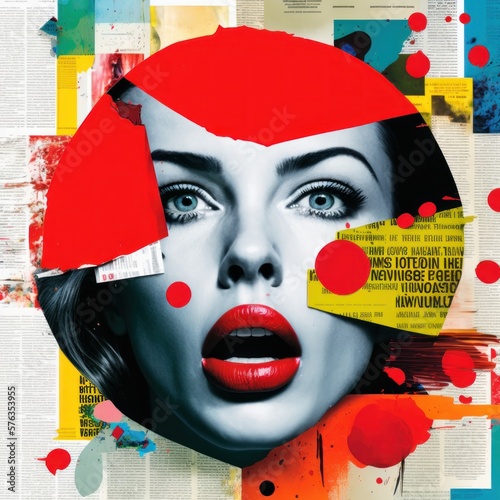 Abstract creative retro but contemporary pop art collage concept of female lips, red elegant lipstick. Colorful vivid vintage background. Generative AI.