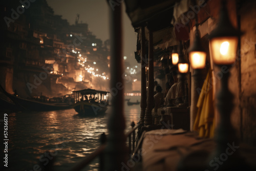 Mystical Varanasi. A Haunting Photo of the Ghats on the Ganges River in Varanasi. Spiritual Serenity AI Generative. 