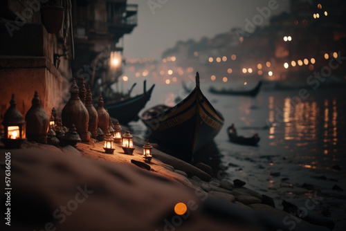 Mystical Varanasi. A Haunting Photo of the Ghats on the Ganges River in Varanasi. Spiritual Serenity AI Generative. 