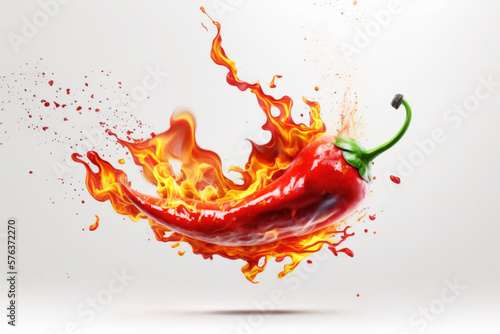 Red hot spicy pepper with fire flames as mexican food background, isolated on white. AI generative