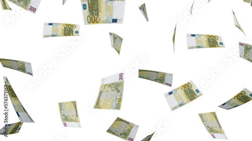 Several banknotes of money flying on a transparent background. 200 euro. Europe euro. 3d rendering.