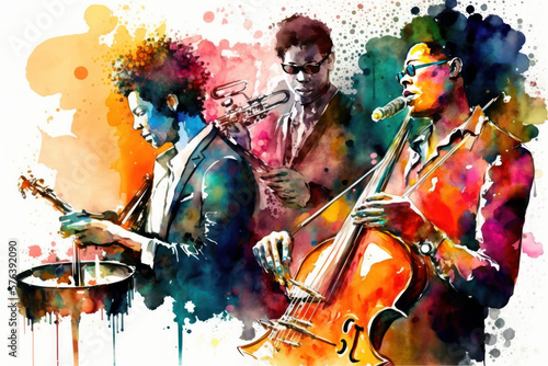 Group of jazz musicians. Watercolor. Generative Ai