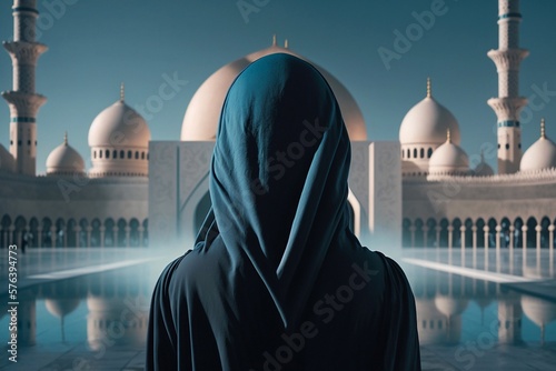 Woman in a burqa against the background of a mosque in Abu Dhabi. Generative AI