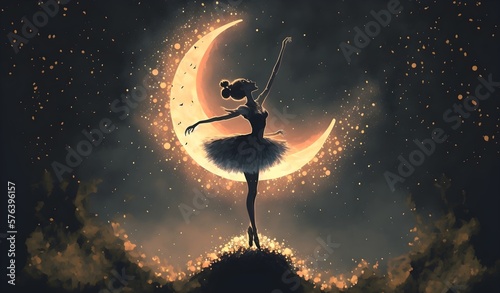 a ballerina dancing with fireflies against the crescent moon, digital art style, illustration painting, Generative AI