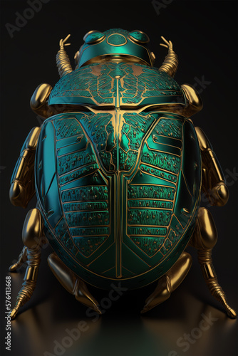 Green and gold scarab on dark background