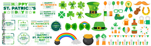 Happy St. Patrick's Day elements mega set with green clover, shamrock, green ale, gold coins pot, and rainbow on white background. St. Patrick's Day typography mega bundle. Saint Patrick's Day bundle.