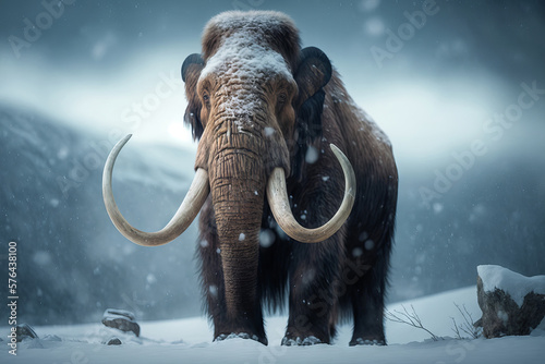 Close-up of a mammoth in the snowy landscape. Generative AI