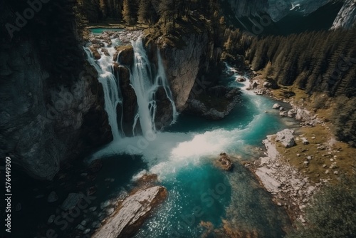 Beautiful Waterfall in Austria drone shot, generative AI