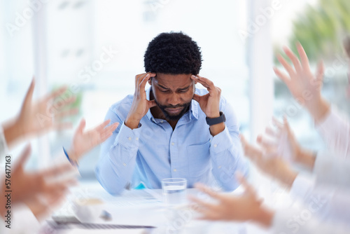 Black man, headache or stress in business meeting with team hands for mental health and anxiety. Corporate leader depression, burnout fatigue or conflict problem and frustrated in blur motion office
