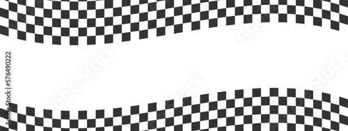 Waving race flags background. Chess game, motocross or rally sport car competition banner with space for text. Warped black and white squares pattern. Checkered winding texture