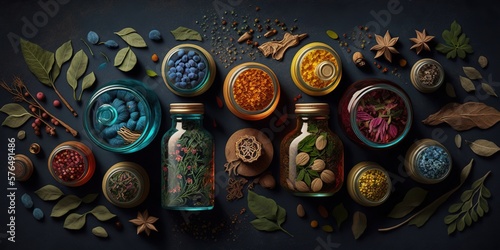 flatlay of collection of spices arranged in colorful bottles and jars showcasing the vibrant and aromatic nature of spices, created with Generative AI technology