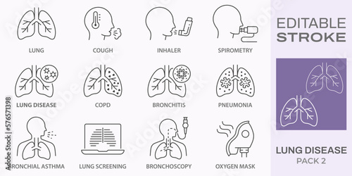 lung disease icons, such as copd, cough, bronchitis, spirometry and more. Editable stroke.