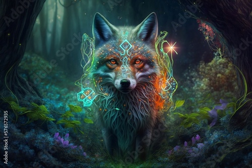 ancient magical fox spirit in a mystical arcane forest. generative AI