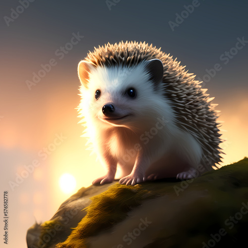 Cute hedgehog sitting on a rock with the sun and a sky in the background AI