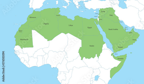 map of Arab World with borders of the states