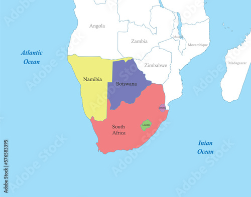 map of Southern Africa with borders of the states.