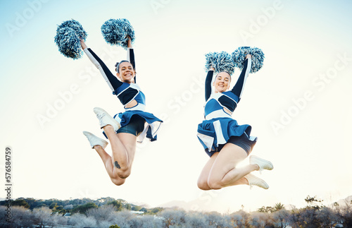 Cheerleader, women team and sports jump outdoor for fitness, training and celebration for win. Teamwork of athlete people together for competition, blue sky and motivation for cheerleading portrait