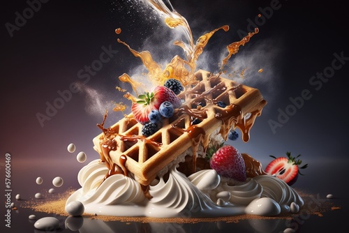 Belgian waffles with various toppings, berries and sauce on dark background. AI generative