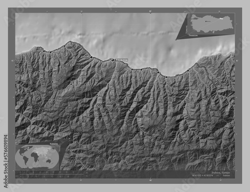 Trabzon, Turkiye. Grayscale. Labelled points of cities