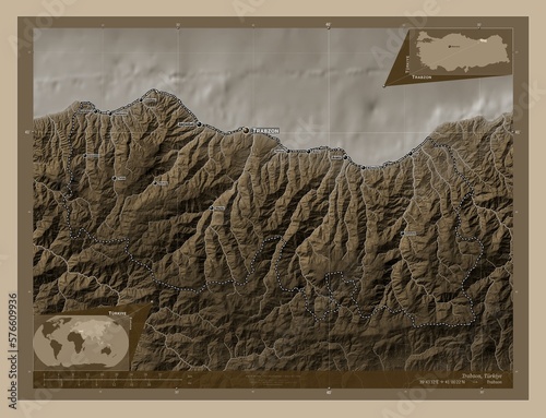 Trabzon, Turkiye. Sepia. Labelled points of cities