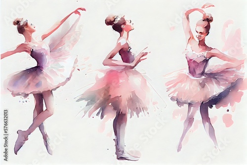 Aquarell isoliert tanzende Ballerinas. Handgezeichnete klassische Ballettaufführung. generative ai, Malset junger Frauen in rosafarbenem Kleid.