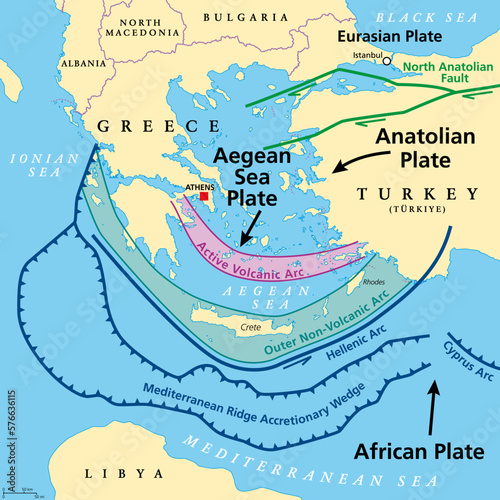 Aegean Sea Plate and Hellenic Arc, tectonic map. Also called the Aegean or Hellenic Plate, is a small tectonic plate, located in the eastern Mediterranean Sea under southern Greece and western Turkey.
