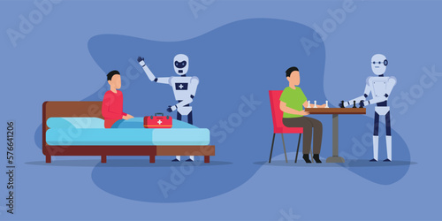 Robot medics checking patient and play chess 2d vector illustration concept for banner, website, illustration, landing page, flyer, etc.
